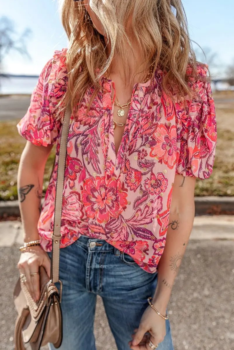 Red Floral Print Ruffled Puff Short Sleeve Blouse for Women - Love Salve